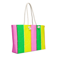 Bright Pink Yellow Green Preppy Stripe Print Oversized Weekender Bag - Thumbnail 2