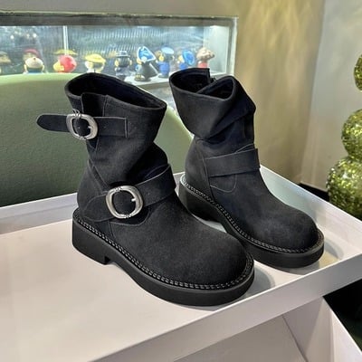 Women's thick sole martin boots cowhide western boots thick heels 2 colors