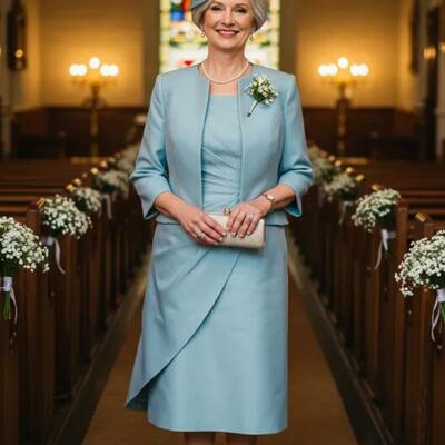 Blue sheath tea-length mother of the bride/ groom dresses formal evening dress