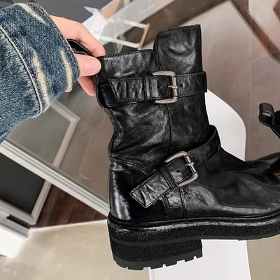 Women's cowhide belt buckle martin boots 2 colors