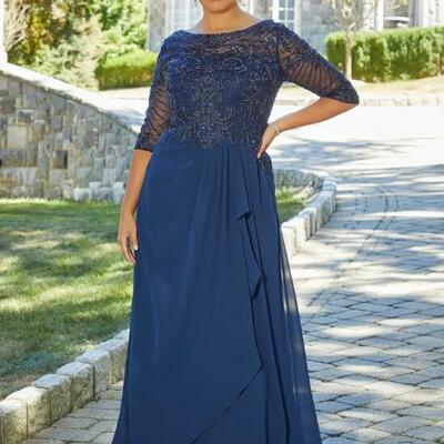 Navy blue a line chiffon beading mother of the bride/ groom dresses formal evening dress