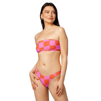 Pink & Red Checkered Checkerboard Print Recycled 2 Piece Strapless Bandeau Bikini Swimsuit  - Thumbnail 2