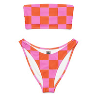 Pink & Red Checkered Checkerboard Print Recycled 2 Piece Strapless Bandeau Bikini Swimsuit  - Thumbnail 4