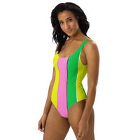 Pink Yellow Green Preppy Stripe Pattern One-Piece Swimsuit Bathing Suit Beach Travel Vacation Cruise Gift Summer Essentials - Thumbnail 1