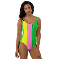 Pink Yellow Green Preppy Stripe Pattern One-Piece Swimsuit Bathing Suit Beach Travel Vacation Cruise Gift Summer Essentials - Thumbnail 2