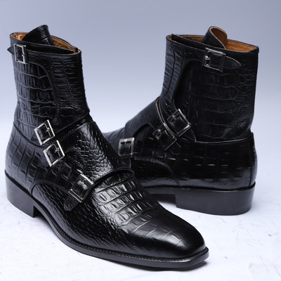 Crafted leather handmade men black python leather buckle strap ankle high boot - Thumbnail 2