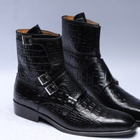 Crafted Leather Handmade Men Black Python Leather Buckle Strap Ankle High Boot - Thumbnail 1