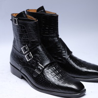Crafted Leather Handmade Men Black Python Leather Buckle Strap Ankle High Boot - Thumbnail 2