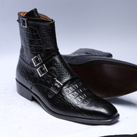 Crafted Leather Handmade Men Black Python Leather Buckle Strap Ankle High Boot - Thumbnail 3