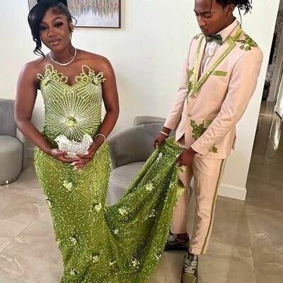 Green prom dresses mermaid beading crystals african girls evening gowns formal party gowns - Thumbnail 3