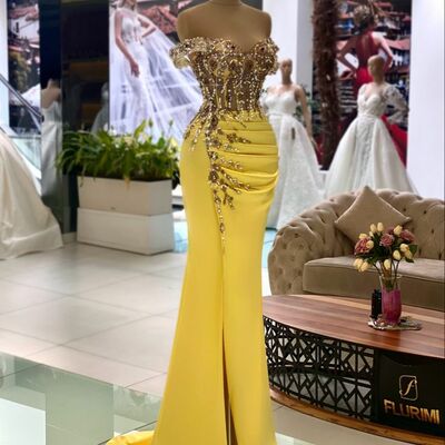 Yellow sheath prom dresses beading crystals evening gowns formal party gowns