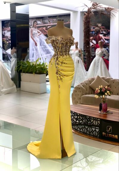 Yellow Sheath Prom Dresses Beading Crystals Evening Gowns Formal Party Gowns