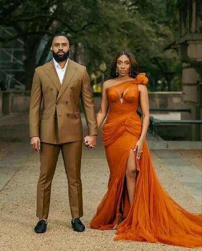Orange Sheath Prom Dresses One Shoulder Side Slit African Girls Evening Gowns Formal Party Gowns