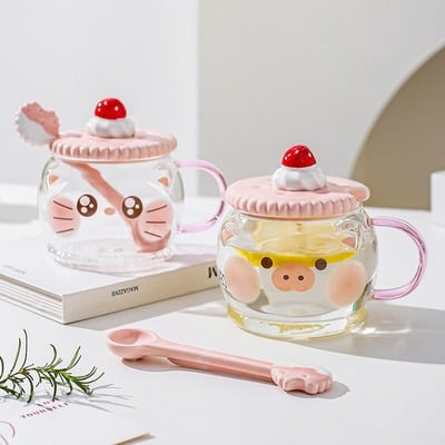 Cute cat pig glass with lid and spoon