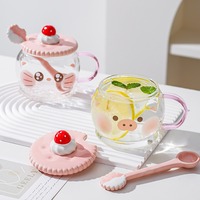 Cute Cat Pig Glass With Lid And Spoon - Thumbnail 1