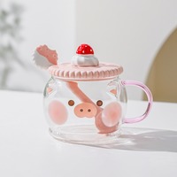 Cute Cat Pig Glass With Lid And Spoon - Thumbnail 3
