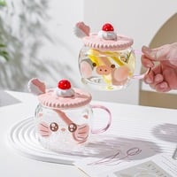 Cute Cat Pig Glass With Lid And Spoon - Thumbnail 2