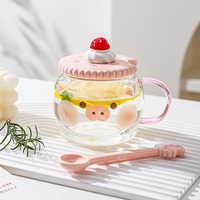Cute Cat Pig Glass With Lid And Spoon - Thumbnail 4