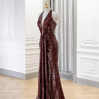 Burgundy V-Neck Sequins Long Prom Party Dress - Thumbnail 1