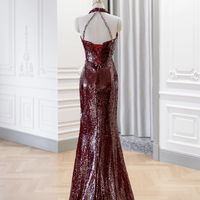 Burgundy V-Neck Sequins Long Prom Party Dress - Thumbnail 2