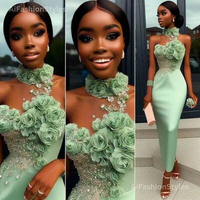 Green prom dresses sheath 3d handmade flowers evening gowns formal party gowns - Thumbnail 4