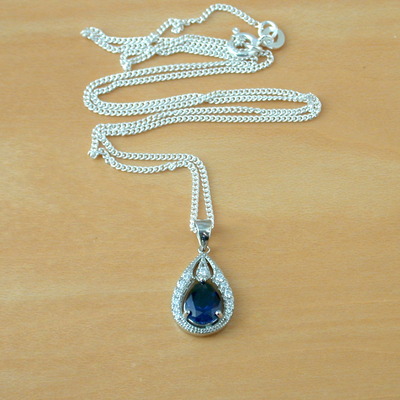 Sterling silver sapphire(lab created)pendant &18" chain/sterling silver sapphire necklace uk/sapphire jewellery/sapphire jewelry/september birthstone