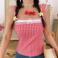 Retro style cute bow check lace patchwork slim fit top - Thumbnail 7