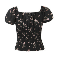 Floral Print V-Neck Elastic Waist Slim Fit Shirt - Thumbnail 1