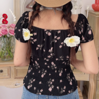 Floral Print V-Neck Elastic Waist Slim Fit Shirt - Thumbnail 2