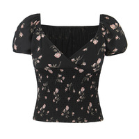 Floral Print V-Neck Elastic Waist Slim Fit Shirt - Thumbnail 3