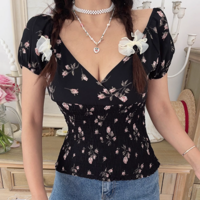 Floral print v-neck elastic waist slim fit shirt