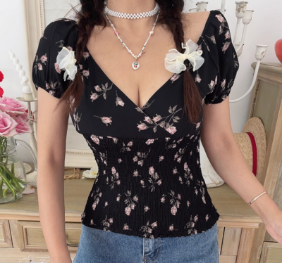 Floral Print V-Neck Elastic Waist Slim Fit Shirt