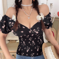 Floral Print V-Neck Elastic Waist Slim Fit Shirt - Thumbnail 6