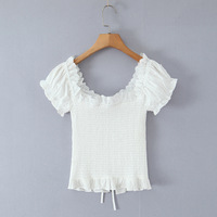 White lace collar elastic back jacquard polka dot puff sleeves small shirt - Thumbnail 1