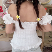 White lace collar elastic back jacquard polka dot puff sleeves small shirt - Thumbnail 2