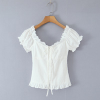 White lace collar elastic back jacquard polka dot puff sleeves small shirt - Thumbnail 3