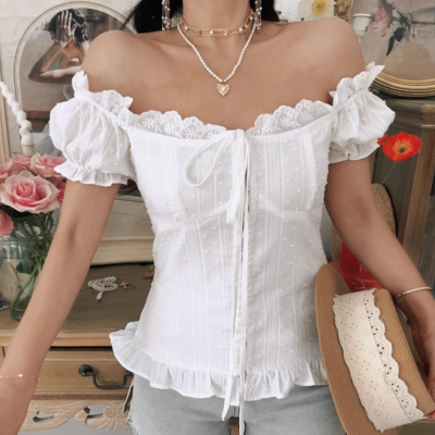 White lace collar elastic back jacquard polka dot puff sleeves small shirt