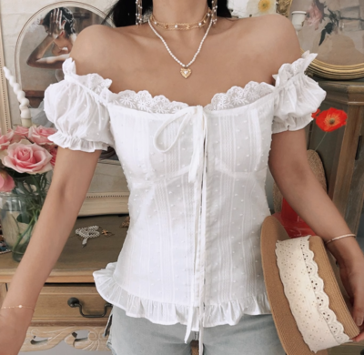 White lace collar elastic back jacquard polka dot puff sleeves small shirt
