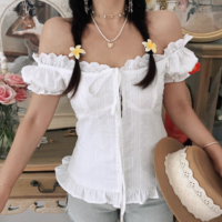 White lace collar elastic back jacquard polka dot puff sleeves small shirt - Thumbnail 4