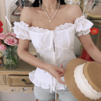 White lace collar elastic back jacquard polka dot puff sleeves small shirt - Thumbnail 5