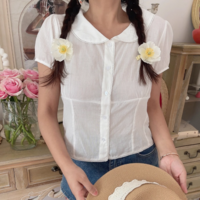 Doll collar chic single-breasted short-sleeved shirt top - Thumbnail 6
