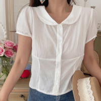 Doll collar chic single-breasted short-sleeved shirt top - Thumbnail 2