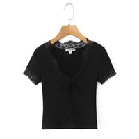 Lace V-neck slim fit chest tie clean regular style short-sleeved knitted top - Thumbnail 5