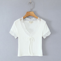 Lace V-neck slim fit chest tie clean regular style short-sleeved knitted top - Thumbnail 1