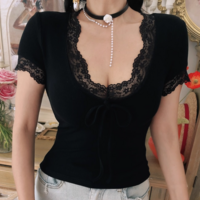 Lace V-neck slim fit chest tie clean regular style short-sleeved knitted top - Thumbnail 2