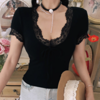 Lace V-neck slim fit chest tie clean regular style short-sleeved knitted top - Thumbnail 3