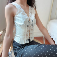 Lace V-neck single-breasted sleeveless waist shirt top - Thumbnail 4