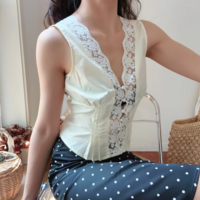 Lace V-neck single-breasted sleeveless waist shirt top - Thumbnail 1