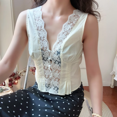 Lace v-neck single-breasted sleeveless waist shirt top