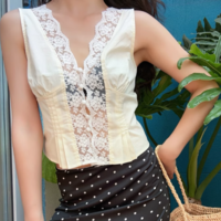 Lace V-neck single-breasted sleeveless waist shirt top - Thumbnail 4